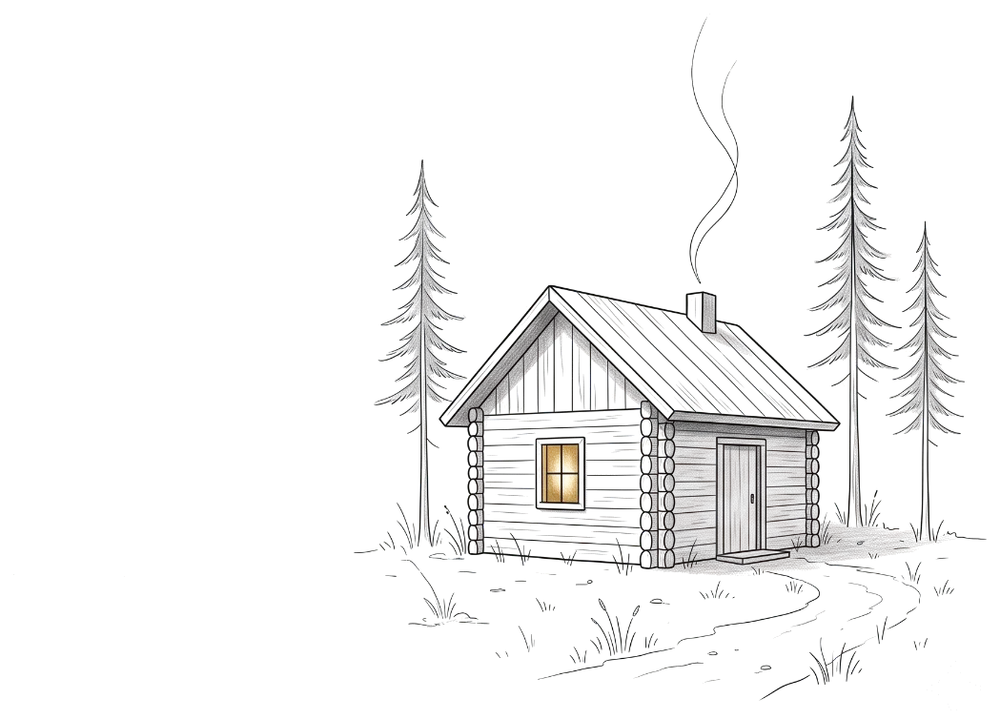 La cabane dans la forêt, illustration sur papier ivoire