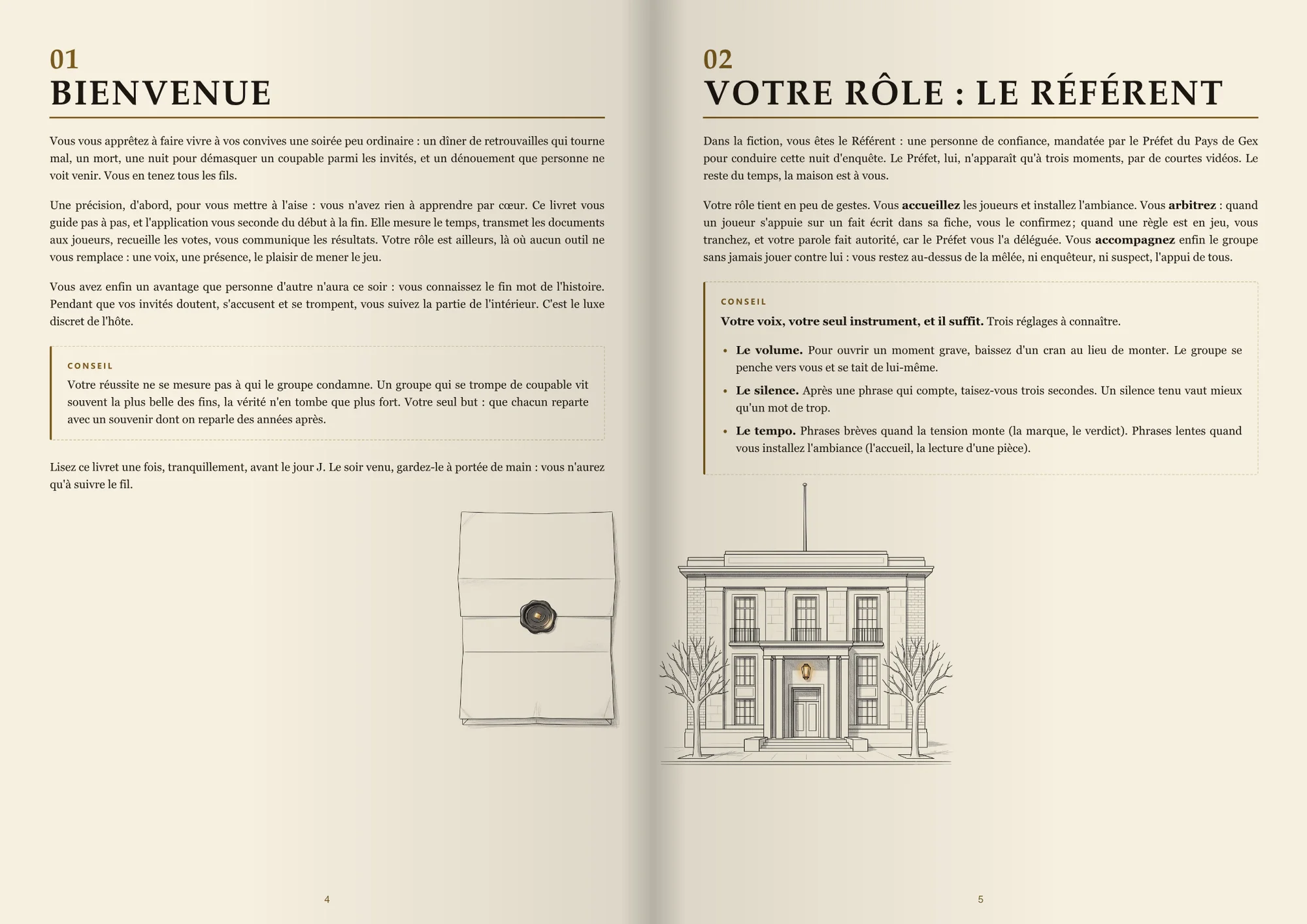 Double page réelle du livret de l’hôte : les chapitres Bienvenue et Votre rôle, le Référent