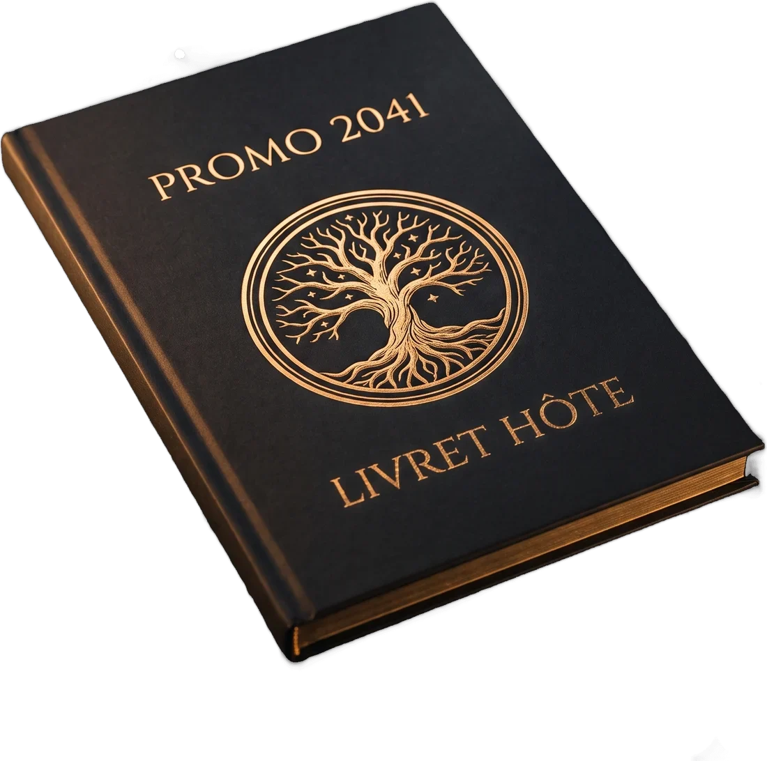 Le livret de l’hôte Promo 2041, couverture noire au sceau doré